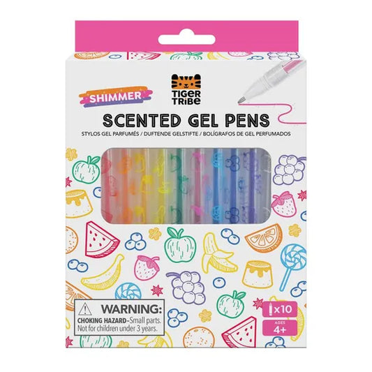 Scented gel pens in multiple colours in white and pink packaging on a white background