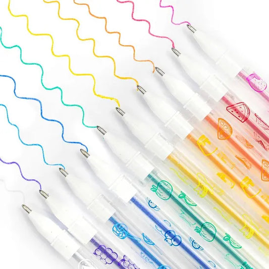 10 multi-coloured gel pens displayed with drawing lines on white paper