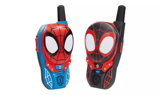 one blue and one black spider man walkie talkie on a white background
