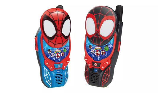 one blue and one black spider man walkie talkie on a white background