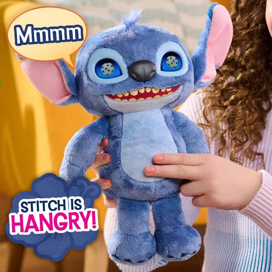 young girl holding light blue plush character with text saying "mmmm" and "stitch is hangry"