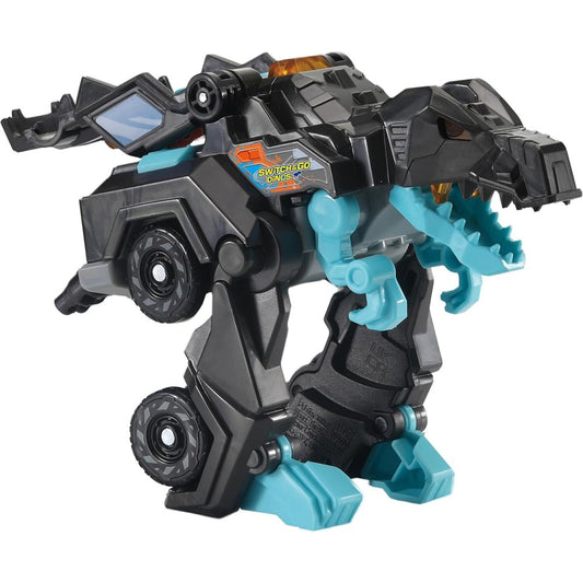 Black and blue plastic dinosaur on white background