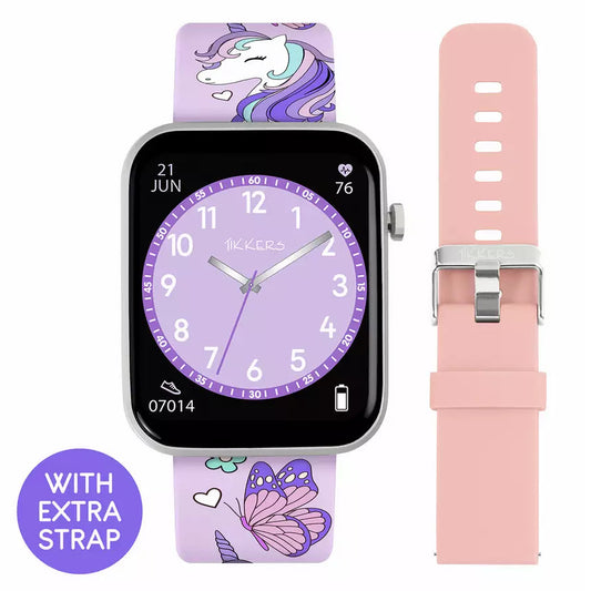 purple smart watch with extra pink strap