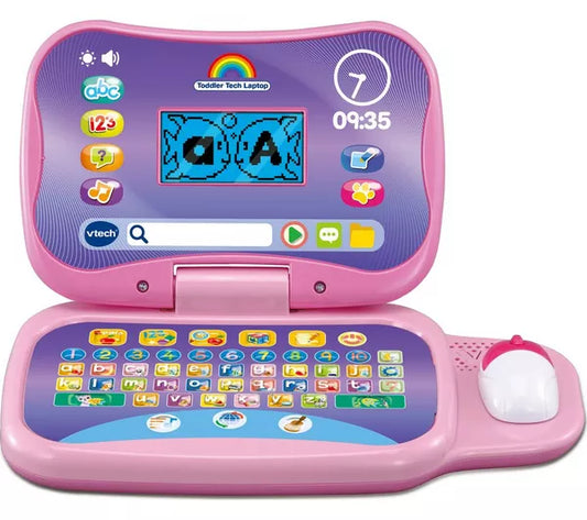 pink and purple toy laptop on white background
