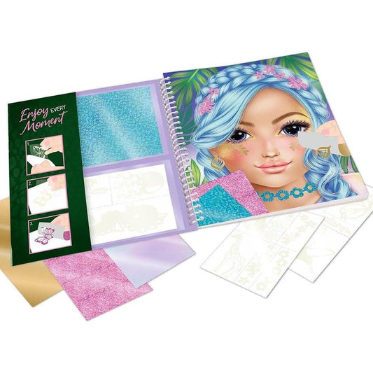 contents of top model sticker and colouring book