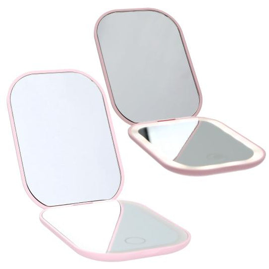 LED foldable pocket mirror lit up and not lit up