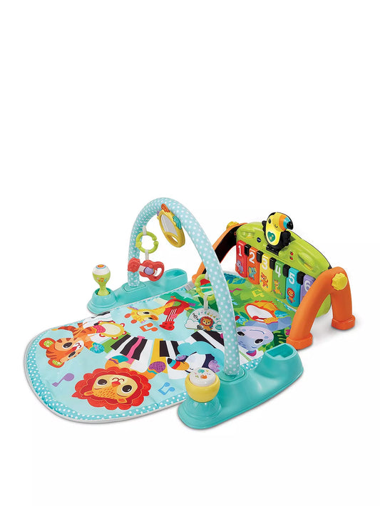 Brightly coloured play gym with keyboard attachment in white background