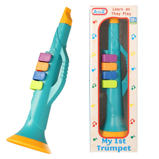 toy trumpet pictured with packaging