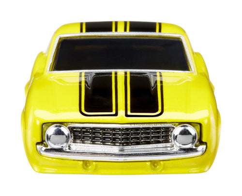 Front view of a tuned '69 Chevy Camaro vehicle in bold yellow