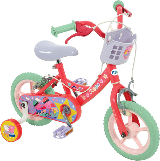 Peppa Pig 12" Bike with colorful decals and sturdy steel frame for kids aged 3+.