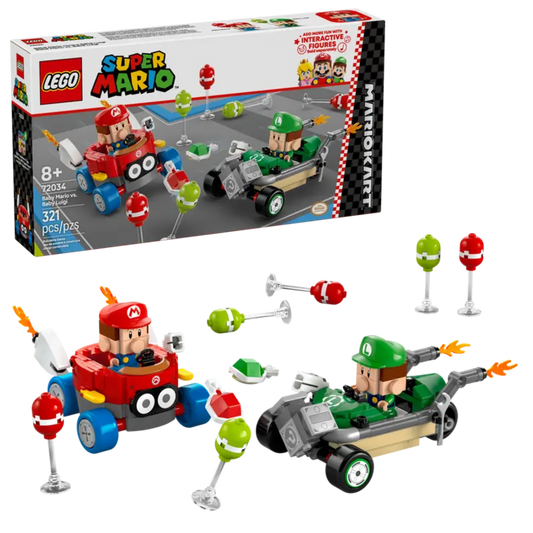 LEGO 72034 Mario Kart™ – Baby Mario vs. Baby Luigi with buildable karts and balloons.
