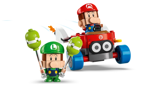 LEGO Baby Mario and Baby Luigi figures with their Tri-Speeder and Biddybuggy cars.