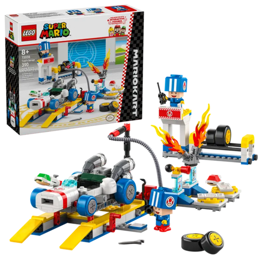 LEGO 72035 Mario Kart Toad’s Garage set with figures and accessories.