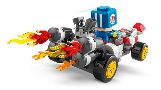 Action shot of the LEGO Super Mario Kart B Dasher with shell shooter.