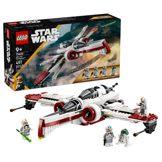 LEGO Star Wars 75402 ARC-170 Starfighter™ with minifigures displayed.