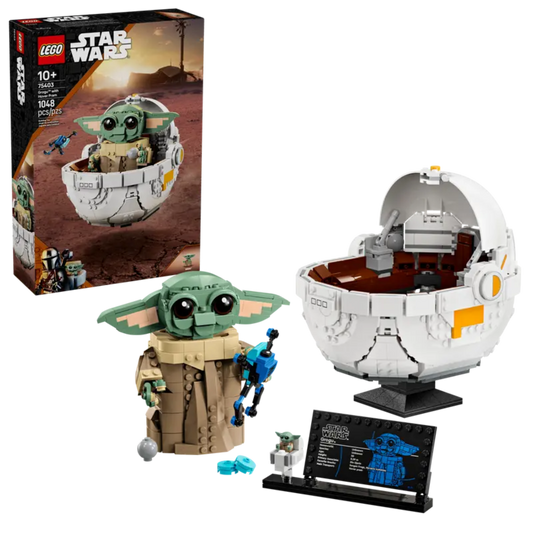 LEGO Star Wars Grogu figure with hover pram (75403) display set.