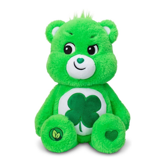 Good Luck Bear plush toy from Care Bears with four-leaf clover belly badge.