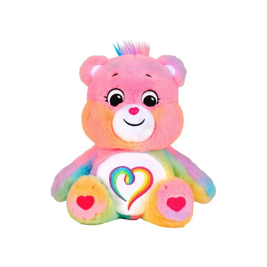 Togetherness Bear plush with rainbow-colored fur and heart-shaped belly badge.