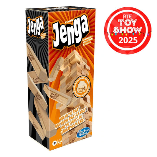 Jenga game box with wooden blocks and branding on a white background
