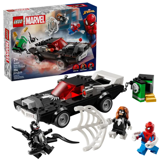 LEGO Marvel 76309 Spider-Man vs. Venom Muscle Car set with minifigures.