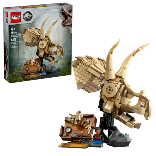 LEGO 76969 Dinosaur Fossils: Triceratops Skull displayed on a stand with rock base.