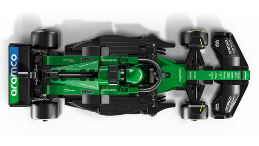 LEGO Speed Champions Aston Martin F1 car with sponsor stickers and Pirelli tires.