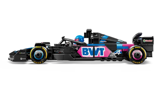 Close-up of LEGO Alpine A524 cockpit with opening halo bar