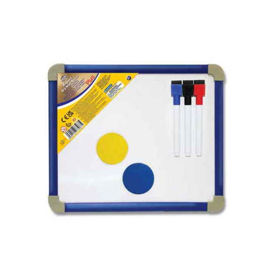 Close-up of the dry wipe board with magnets and pens