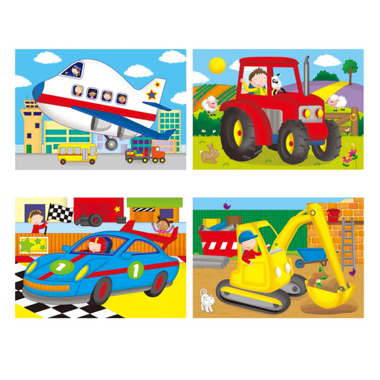 4 Puzzles in a Box - Vehicles puzzles inside and complete