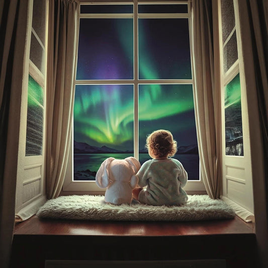 child with bunny at window