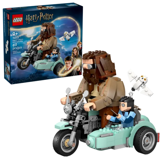 LEGO 76443 Hagrid & Harry’s Motorcycle Ride set with detailed motorbike and sidecar.