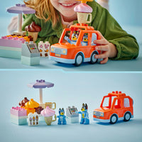 bluey lego icrecream pieces on blue back ground split with girl playing with  pieces on blue background 