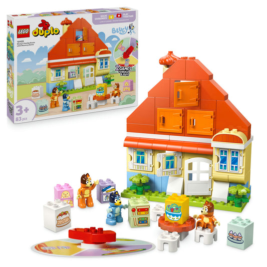 Lego house with characters displayed on white background with packaging behind 