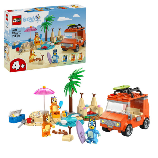 LEGO Bluey and beach accessories displayed with packaging on a white background 