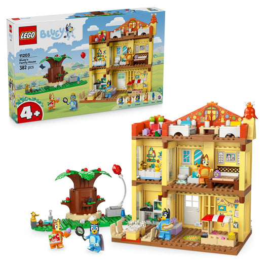LEGO house with characters and packaging on a white background 