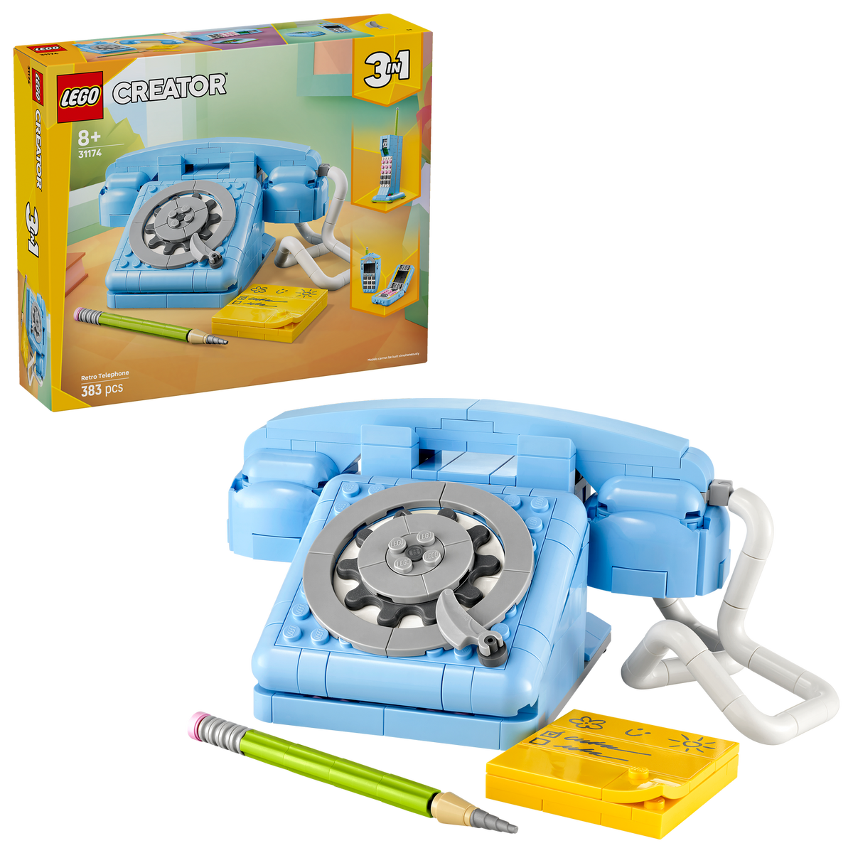 LEGO blue retro telephone with packaging in the background 