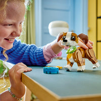 girl playing with 3 in 1 cute animals lego set 