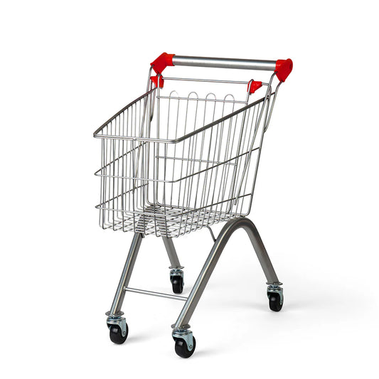 mini metal shopping trolley with bright red handle on white background 