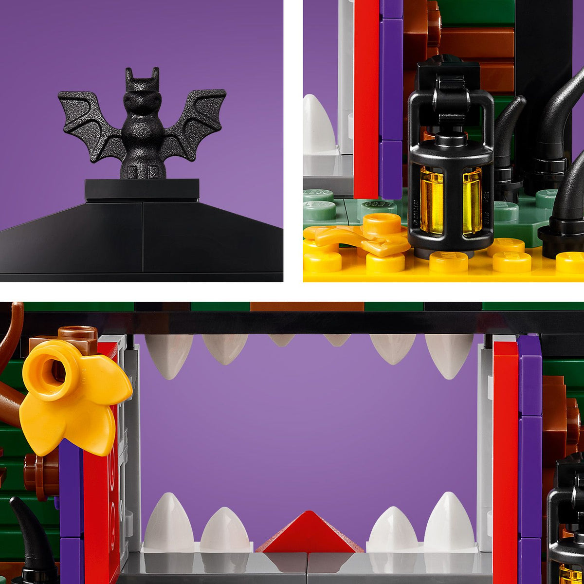 different features of LEGO halloween barn on purple background 