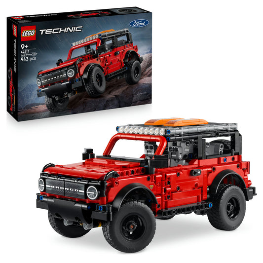 Red LEGO Ford Bronco SUV  with packaging on a white background 