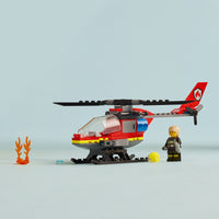 LEGO fire rescue helicopter on blue background 
