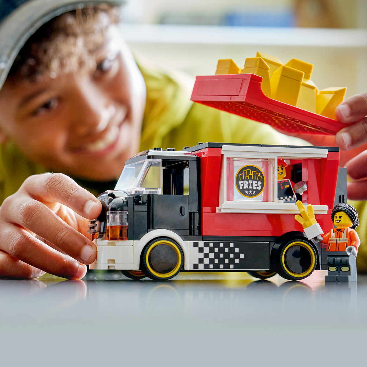 boy playing with lego city fries food truck  