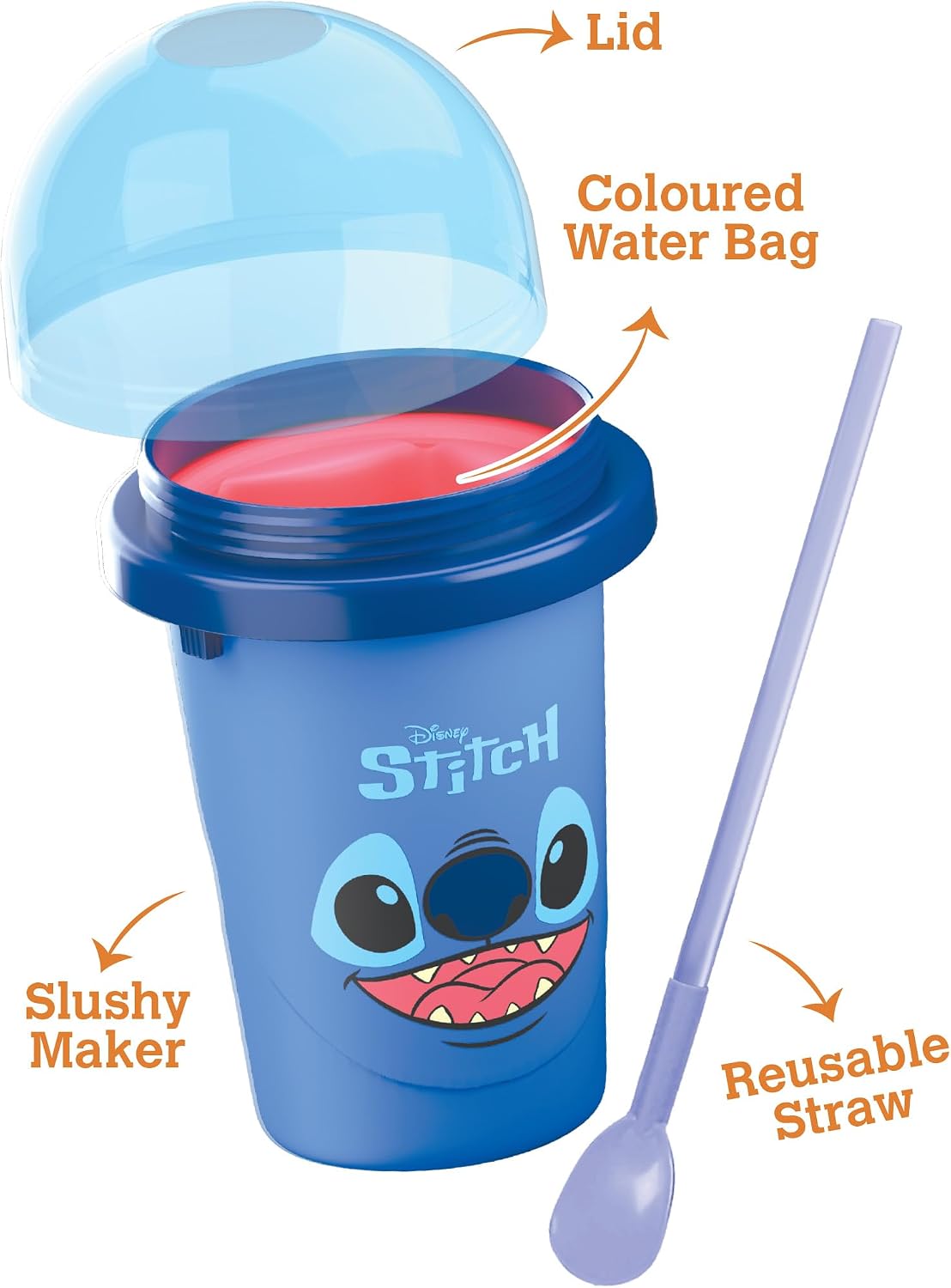 ChillFactor Disney Stitch Slushy Maker Blue – parts: lid, coloured water bag, cup and reusable straw
