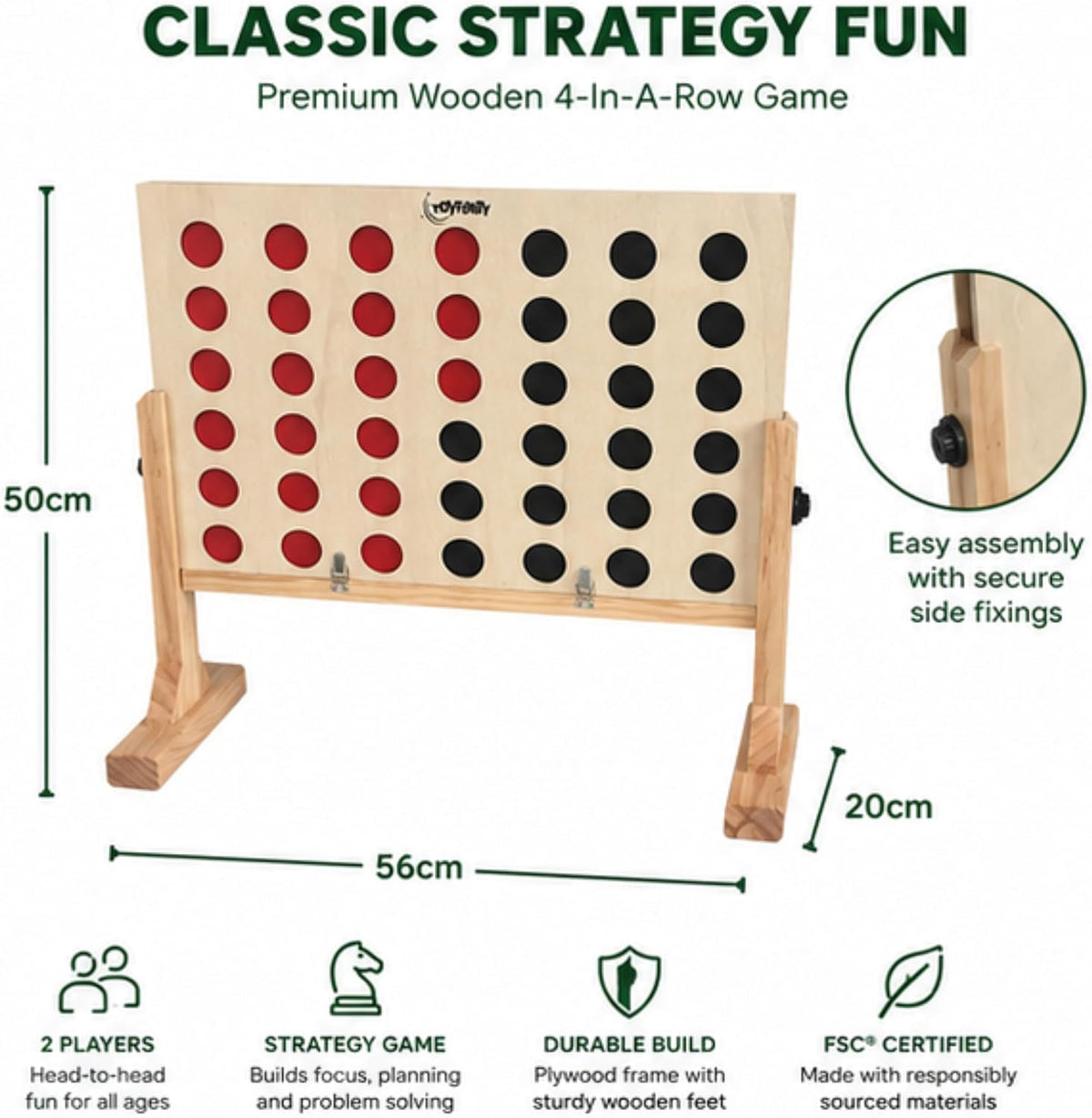 Toyfinity wooden 4 in a Row game with red and black counters – view 2