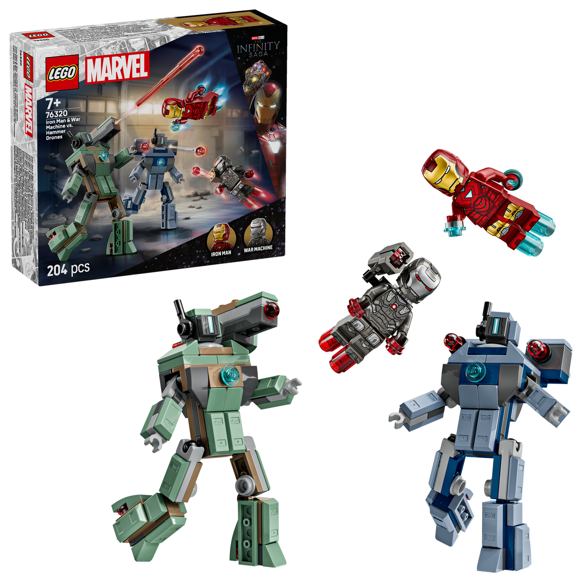 Four LEGO action figures with packaging in background 