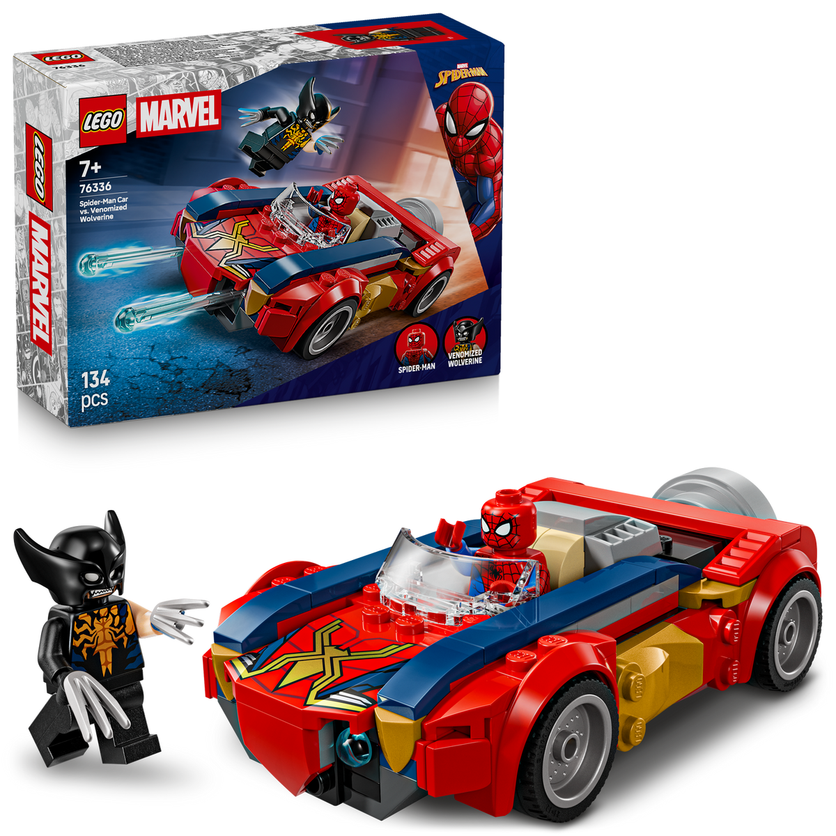 lego spiderman car vs venomized wolverine with box 