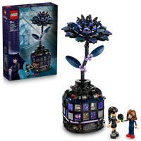 Black LEGO Flower and figurines with  packaging in the background 
