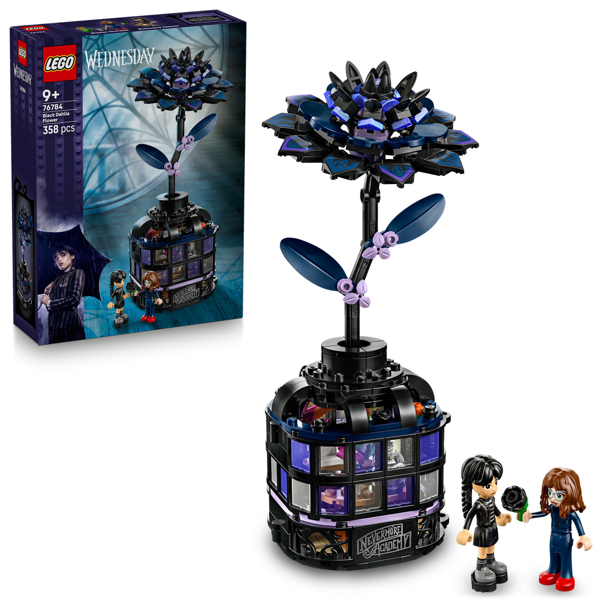 Black LEGO Flower and figurines with  packaging in the background 