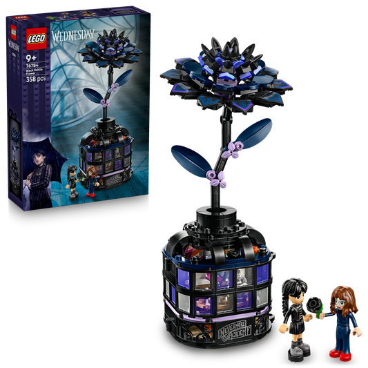Black LEGO Flower and figurines with  packaging in the background 