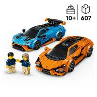 Two LEGO cars, one blue and one orange, on a white background with two figurines 